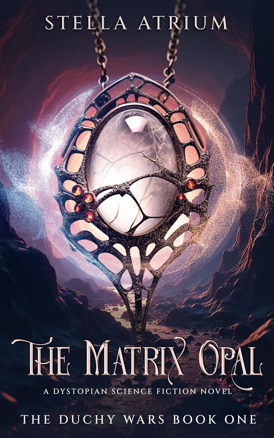 Cover of The Matrix Opal by Stella Atrium, showing an ornate dark metal pendant holding a glowing white opal, hanging on chains above a rocky canyon lit in purple and rose light
