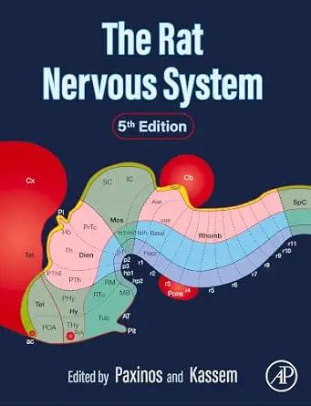 Cover of The Rat Nervous System, 5th Edition, edited by Paxinos and Kassem, showing a colorful segmented diagram of the developing brain on a dark navy background